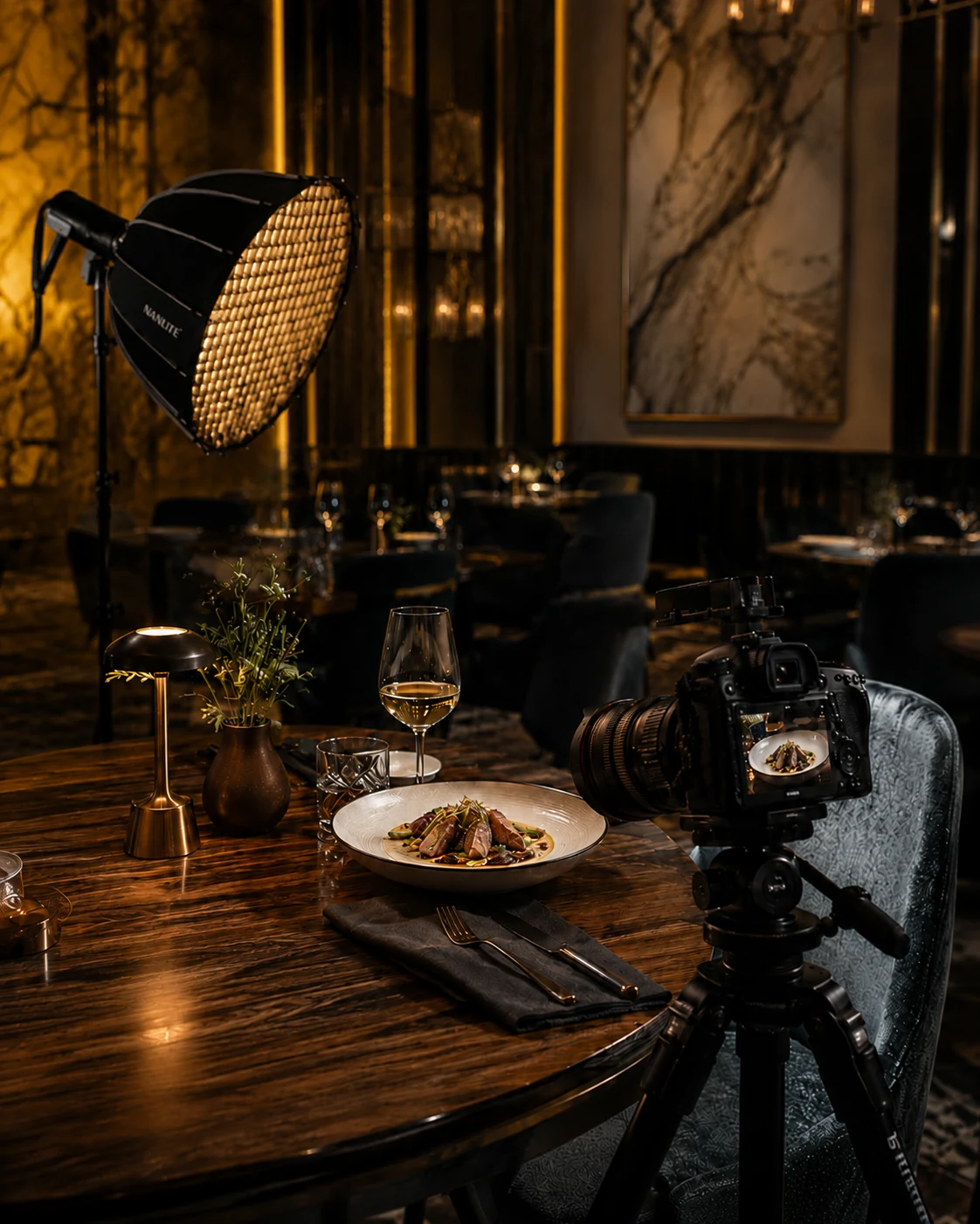 Επαγγελματικό setup φωτογράφισης φαγητού σε fine dining εστιατόριο