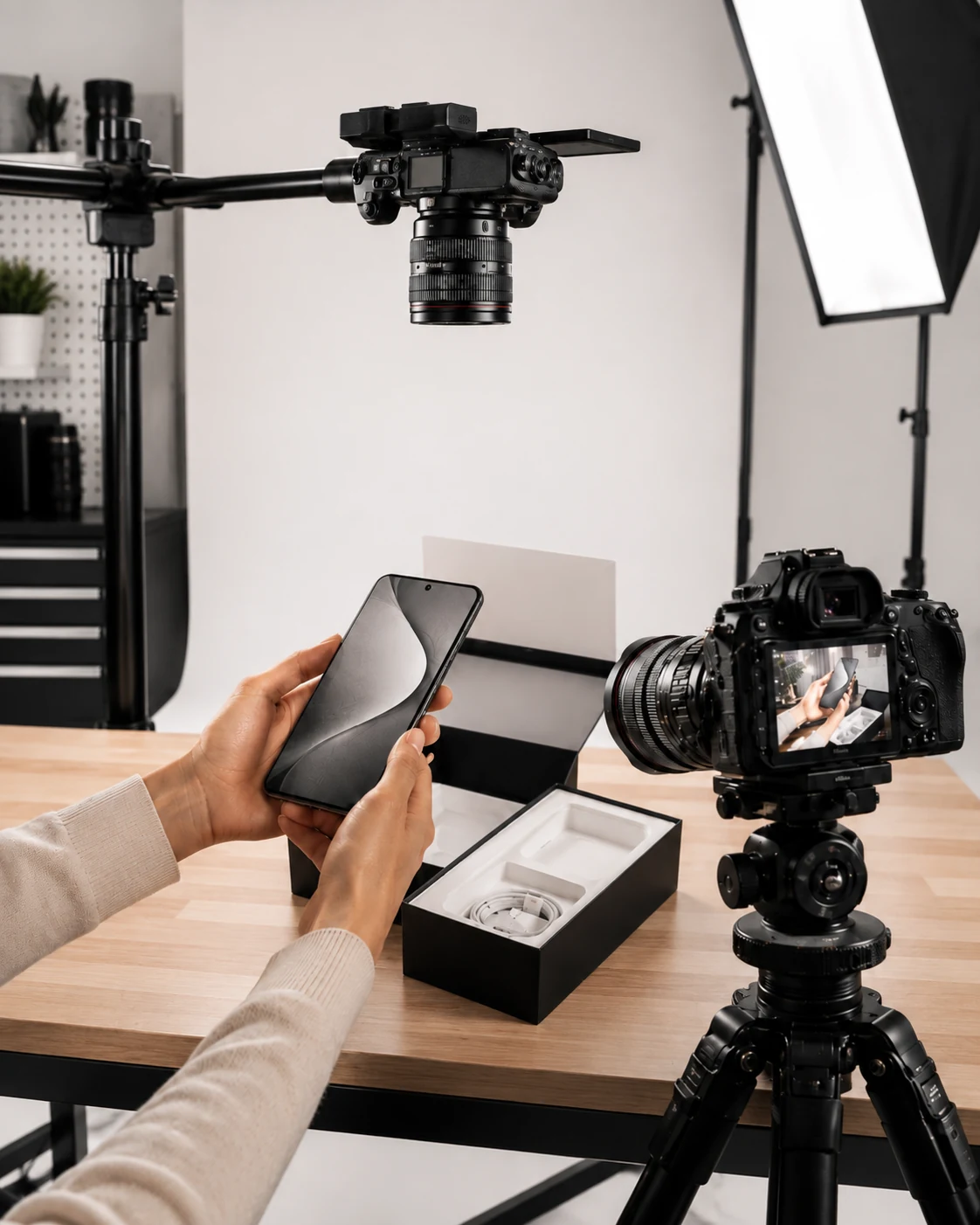Studio setup για unboxing προϊόντος με κύρια και overhead κάμερα